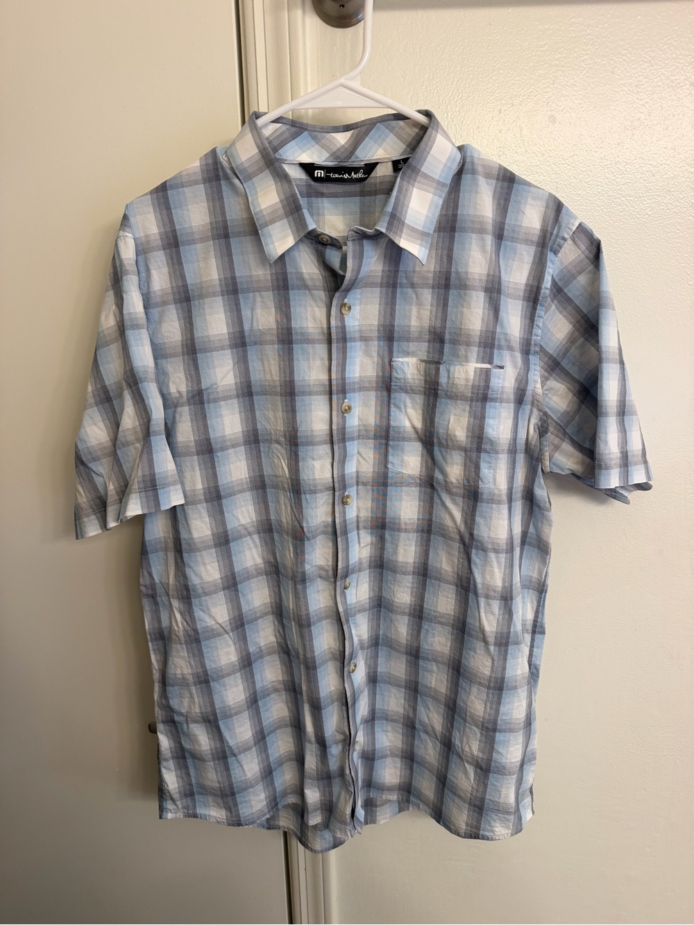 Travis Mathew Blue and Gray Plaid Short-Sleeve Button-Down Shirt Size Large